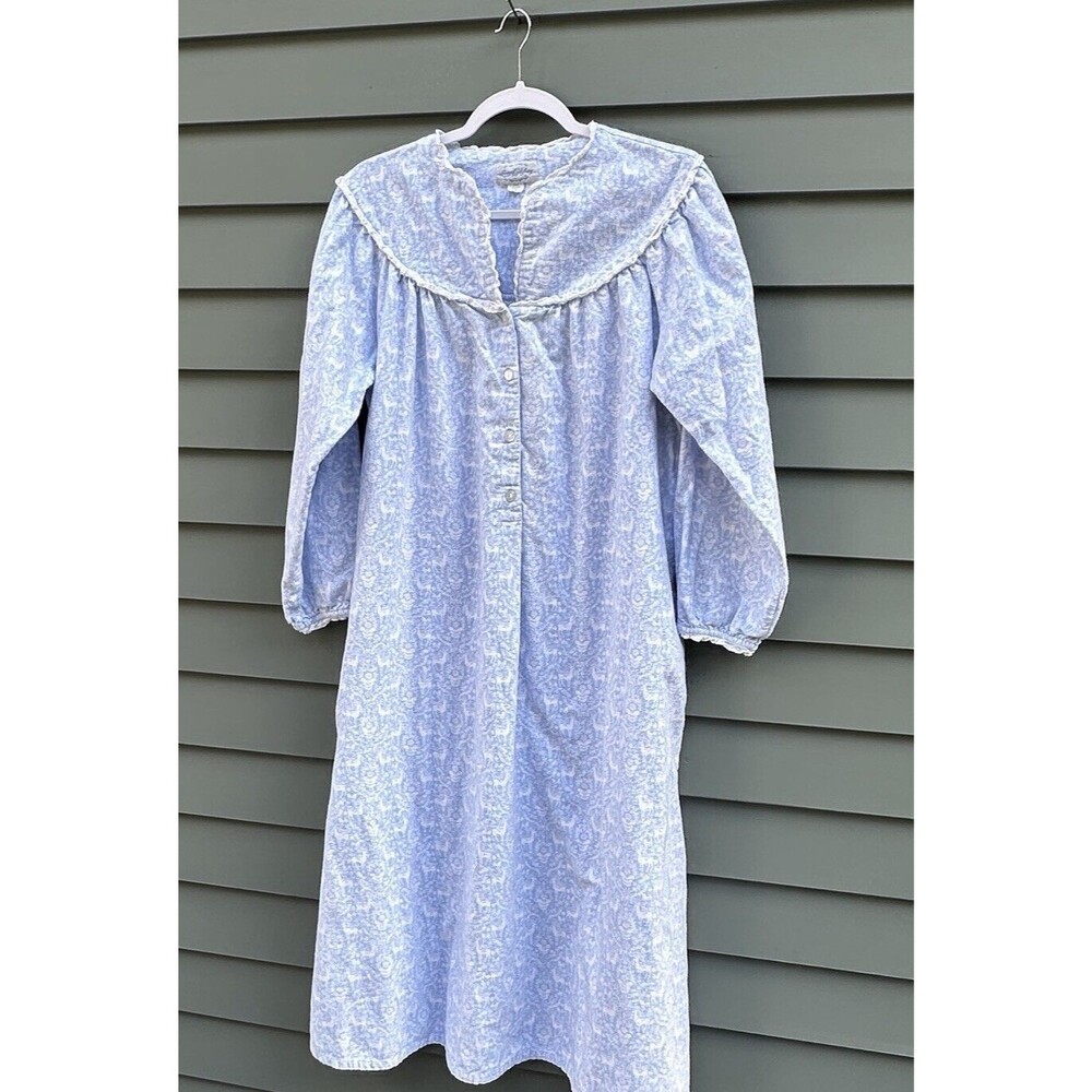Lanz Of Salzburg Nightgown Blue Rose Flannel White Eyelet Trim Womens Medium EUC